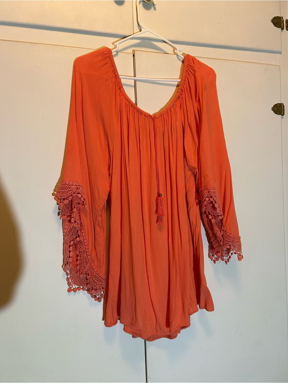 Allison Brittney Vibrant Orange Boho Blouse with Elastic Neckline